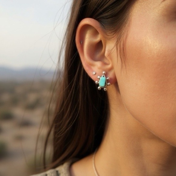 Sterling silver stud earrings beautiful light blue turquoise stones - Picture 12 of 13